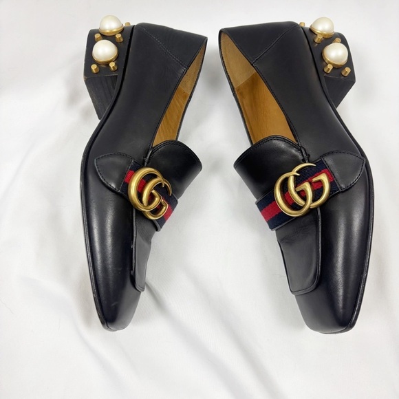 Gucci Peyton GG Pearl Block Heel Square Toe Loafers Black EU 36.5 - Picture 6 of 11